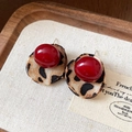 Retro round earrings with bright red beads and leopard print fabric for women - Red Beads Leopard Print Fabric Style (No. 28 Silver Earring Post - Red & Brown)
