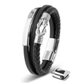 Men's multi-layer woven leather bracelet with silver magnetic clasp and metal accents - Three-layer Curved Tube Twist / Steel