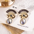 Pendientes vintage dorados con cristales púrpuras y grandes perlas azules ovales - Perla Grande de Abanico (Pin de Plata S925)