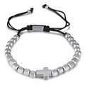 Adjustable stainless steel cross bracelet with black woven rope and bead details - Steel
