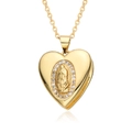 Gouden hart medaillon ketting met Maagd Maria reliëf en sprankelende kristallen - Guadalupe Maagd Maria