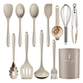 11-piece light khaki silicone kitchen utensil set with matching storage bucket - 12pcs Set / Khaki