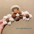Knitted flower hair claw clip in coffee and cream, 11cm length woven shark clip - Off-white