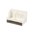 Minimalist cream desktop organizer with a translucent brown drawer and tiered compartments - White