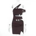 Close-up of side cut-out details and ruched texture on brown knitted mini dress - S / Brown