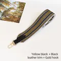 Detail of colorful woven shoulder strap with wave pattern and gold metal swivel hook - Yellow Black with Black Trim