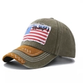 Vintage olive green baseball cap with American flag patch and stitched brown brim - One Size / Army Green