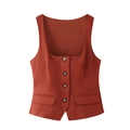 Detail of single-breasted brown vest featuring a U-neck and decorative flap pockets - XS / Brick Red