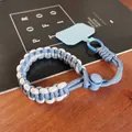 Adjustable braided phone wrist strap in navy blue and light grey with security patch - Short [Gray & Blue & White] Adjustable Braided Lanyard + Light Blue Patch