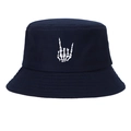 Navy blue cotton bucket hat featuring white skeleton hand embroidery in street style - Navy Blue