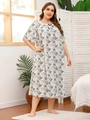 Plus size short sleeve nightgown with white floral print and lace collar detail - XL / Grey Green Floral