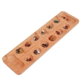 Detailed macro view of colorful glass stones inside a natural wooden Mancala board pit - Bamboo Mancala (Pebble Stones)