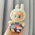 Labubu doll outfit featuring light green rabbit hoodie and blue denim overalls with summer patch - Summer Pig Overalls / First And Second Generation Keychains Are Compatible With La Cloth Dolls. Dolls Not Included.