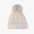 Winter knitted beanie in cream white with cherry embroidery and plush faux fur pompom - One Size / Beige