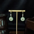 New Chinese-style gold earrings with green jade pendant and Fu character detail - E3047-1/Gold Fu Character Jade Buckle