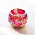 Handmade mosaic glass candle holder in red and pink tones for bohemian home decor - Brilliant Multicolor