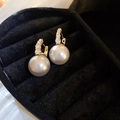 Elegant gold pearl earrings with sparkling rhinestones on black velvet display - 93# Gold Gray Pearl Hoop