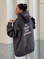 Oversized dark gray hoodie with pink back embroidery and drop shoulder silhouette - S / Dark Grey (Thin)