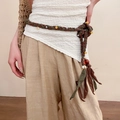 Detail of hand-woven ethnic waist chain with colorful crystal beads and tassels - Coffee Ethnic Style Beaded Belt