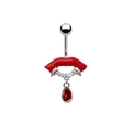 Detail of red lips navel ring with silver fangs and dark red teardrop crystal charm - Silver Base Red Lips Drip (24022904-4)