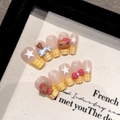 Uñas postizas de cuadros amarillos estilo francés con dijes de gato y delfín 3D - Extra Pequeño (XS) / Ataúd Corto / Cuadros franceses amarillos (2253)