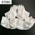 Detailed view of white satin bridal gloves with large bow and crystal center decor - White Satin Large Bowknot Rhinestone (ST080)