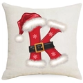 Christmas pillow cover featuring letter K with Santa hat and snowflakes on beige canvas - Letter K