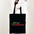 Black Christmas canvas tote bag with festive Merry Christmas print in red and green text - Style 16-Green Red Merry Christmas