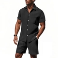 Ensemble d'été en lin pour hommes avec chemise à manches courtes rayée noire et blanche - S / Noir