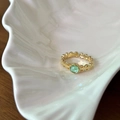 Adjustable S925 silver ring with mint green gemstone in a gold beaded vintage setting - Gold Mint Green Round Stone Open Ring