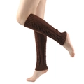 Close-up of brown chunky cable knit leg warmers with ribbed cuffs on model legs - One Size / Coffee