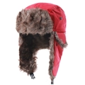 Detail showing the red waterproof fabric with brown faux fur lining and chin strap buckle - One Size / Red