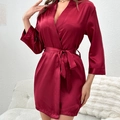 Short burgundy satin bathrobe for women with silk-like sheen and tie-up waist belt - S / Red