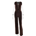 Detail van donkerbruine gebreide set met vest met V-hals en een rechte lange broek - S / koffiekleur