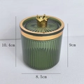Green glass cotton swab holder with golden crown lid and 10.4cm height dimensions - Gold Crown Handle / Light Green