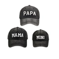 Three-piece set of washed black baseball caps for family featuring PAPA MAMA and MINI embroidery - Family Set (PAPA+MAMA+MINI) / Black/Black/Black