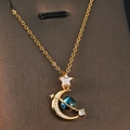 Golden moon and star necklace with zircon moon pendant and blue planet bead detail - Gold - Star Moon Planet