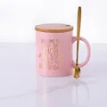 Pink ceramic tulip mug set with gold lettering, bamboo lid and long golden spoon - Pink - Ceramic Mug + Wood Lid & Spoon