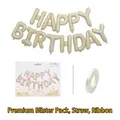 Creamy beige Happy Birthday foil balloon set with straw and ribbon in paper card packaging - Cream