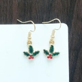 Detailed close-up of Christmas holly leaf earrings with red berries on white card - Classic Holly Leaf with Red Berry