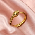 Golden snake-shaped wrap ring with micro-set zircon stone and scaly texture - Antique Gold