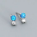 Minimalist s925 silver stud earrings featuring round blue opal and sparkling zircon stones - Platinum (Blue Opal)