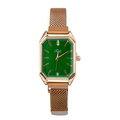 Detailed front view of rose gold square quartz watch with vintage green dial and mesh strap - Green