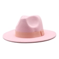 Classic wide brim fedora hat in soft pink wool felt with decorative grosgrain ribbon band - Pink