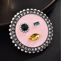 Pink enamel round brooch featuring pearls, crystals, and colorful gemstones face design - Pink (21)