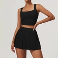 Women's black two-piece yoga set with square neck crop tank top and pleated athletic skirt - S / 8782 Tank Top + 8782 Skirt / Premium Black