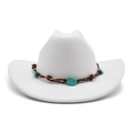 Weißer Cowboyhut mit breiter Krempe, braunem Webband und türkisfarbenen Edelsteinen - M (56-58cm) / Weiß
