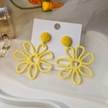 Macro detail of handmade yellow raffia flower earrings for summer holiday bohemian style - Yellow