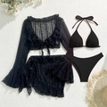 Flat lay of black 4-piece lace bikini set with long sleeve cardigan and mini skirt - S / Black