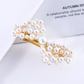 Macro detail of elegant golden alloy bow hair clip with white pearls and rhinestones - 9# Pearl Bow / 7cm Spring Clip